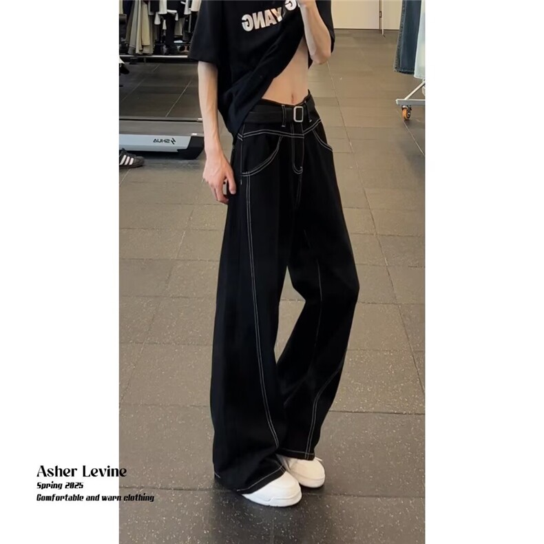 美式高街黑色牛仔裤男春秋季新款设计感vibe工装直筒阔腿裤，男装牛仔裤，四季星座505