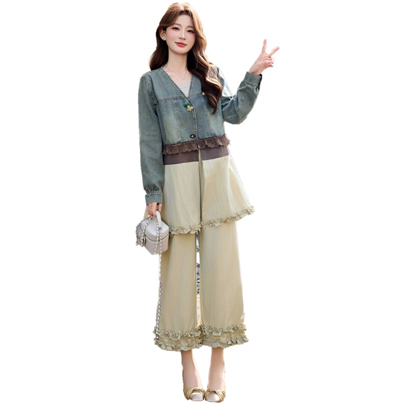 轻熟牛仔阔腿裤套装女春夏薄款设计感两件套休闲穿搭,女装套装/套裙,欣品汇