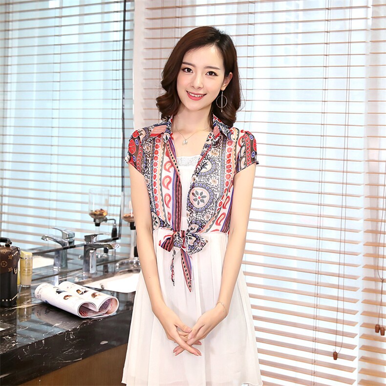 印花时尚气质蝴蝶结花色百搭方领件短袖开衫短款修身蕾丝衫/雪纺衫，女装蕾丝衫/雪纺衫，婵米儿