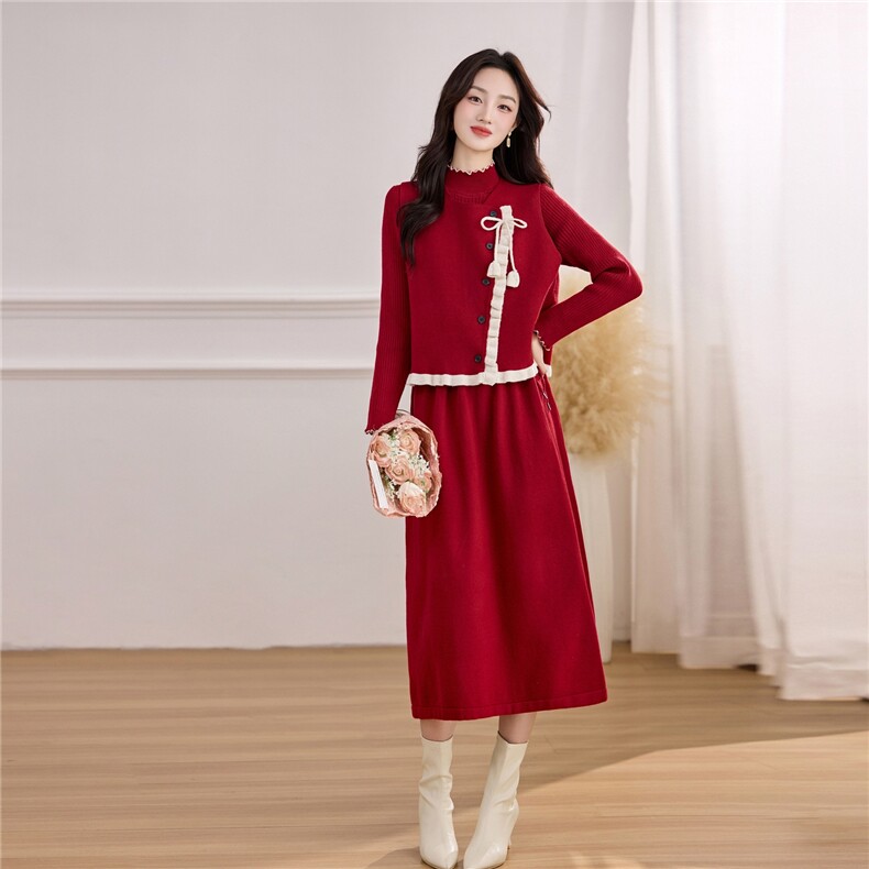 2025年冬季连衣裙腰间可调节配马甲两件套，女装针织衫/毛衣，乐吉娜