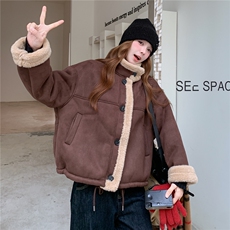 复古立领咖色羊羔毛外套女2025冬新款韩版小个子皮毛一体机车夹克，女装短外套，2B187