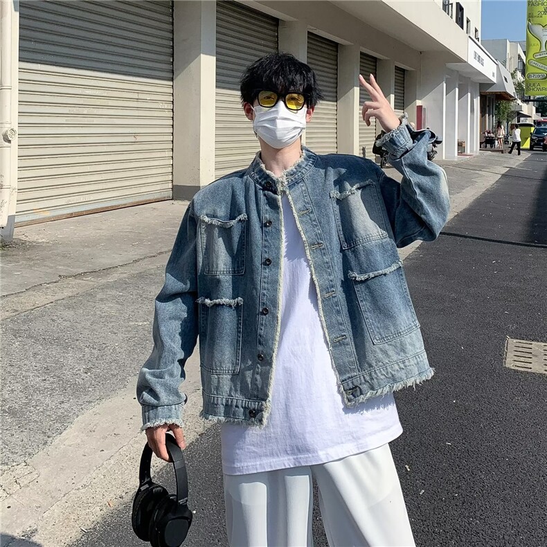 做旧毛边牛仔外套男设计感小众宽松休闲夹克美式炸街休闲渐变上衣图片