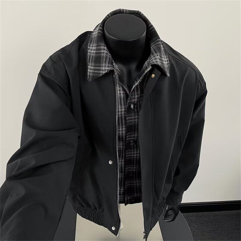 2025年春款时尚翻领假两件外套格子拼接夹克上衣XZ212-QJK630-P70，男装夹克，星座212