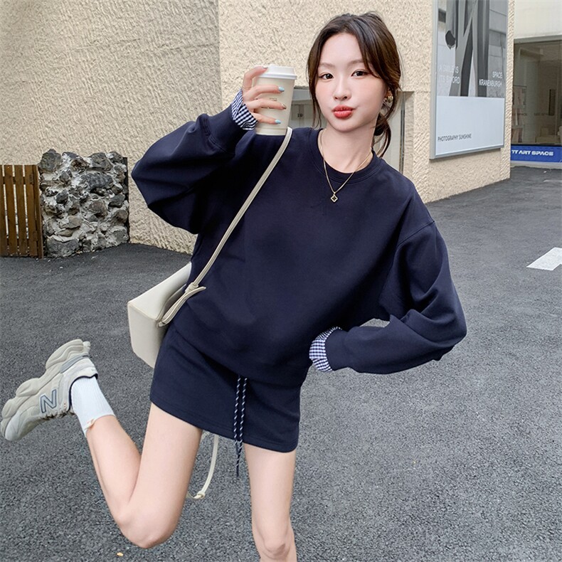 韩版时尚格纹拼接休闲卫衣套装女2025春秋季新款显瘦短裙子两件套图片