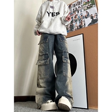 B221美式ins高街重工艺宽松做旧工装牛仔裤子LK23143-P80控108，男装牛仔裤，电商B221