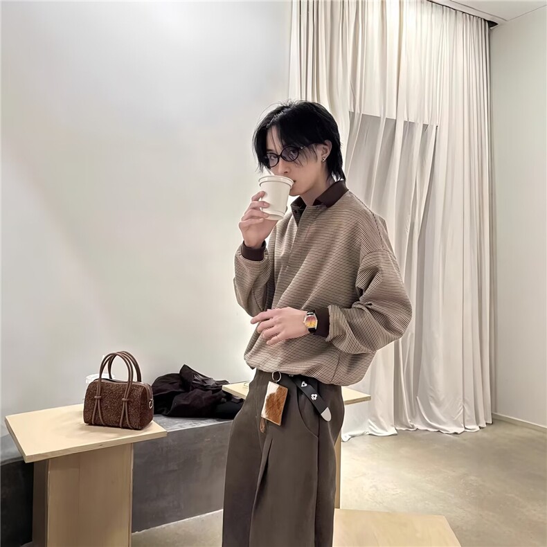 T87-P55男士条纹t恤春秋季新款高端翻领长袖polo衫青年秋装上衣,男装T恤,电商B323A