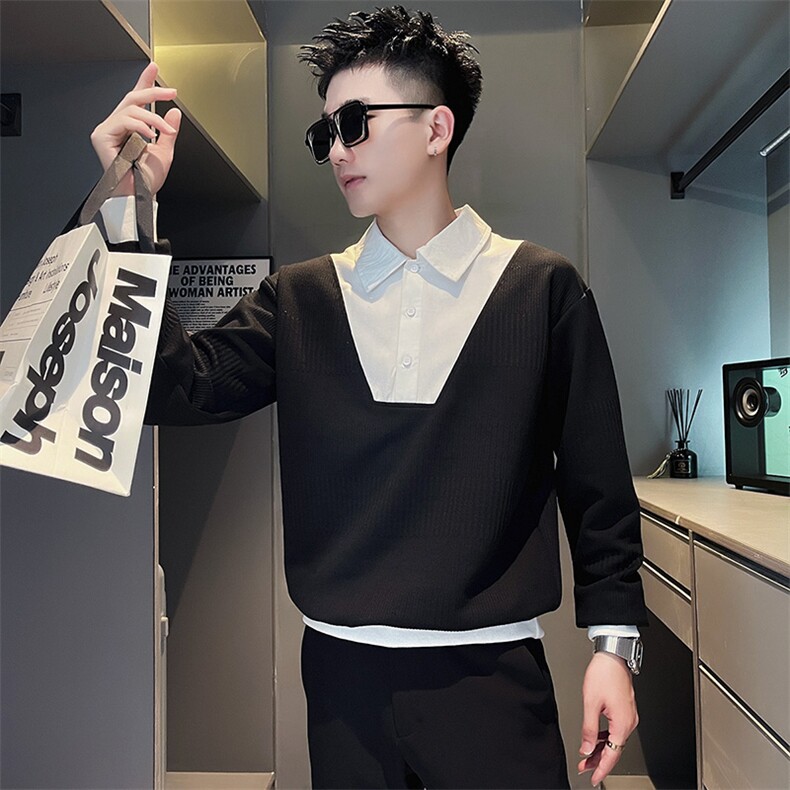 SW34R秋冬社会小伙加绒加厚卫衣翻领撞色休闲上衣黑1图片