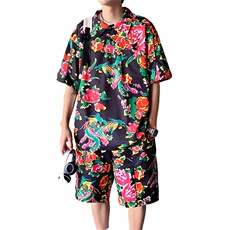 风东北碎花大码宽松休闲五分裤潮男短袖衬衫套装TZ88P75控88，男装休闲套装，电商A089-1