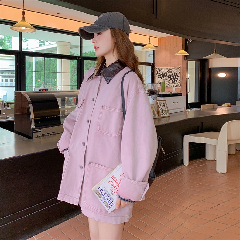 pu皮领拼接粉色工装风衣外套女春秋2025新款学院风减龄上衣夹克图片