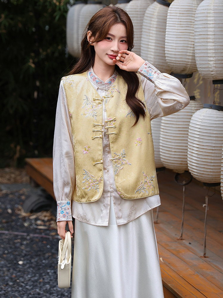 2026年春季新中式g风高级感提花马甲衬衫随意搭配套装,女装套装/套裙,超帛