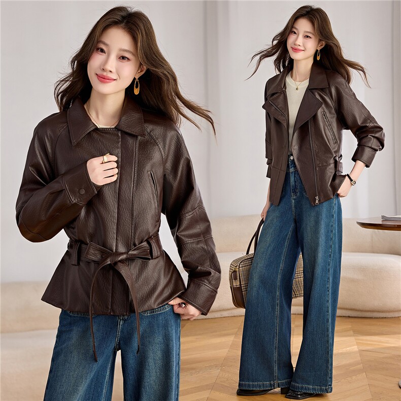 现货海宁气质翻领皮衣女士洋气发财款显瘦休闲百搭春秋外套,女装皮衣,美拉德工厂直营店