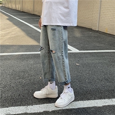 主推kz11夏季港风浅色破洞牛仔裤男宽松潮流百搭九分裤子F64，男装牛仔裤，星座1008