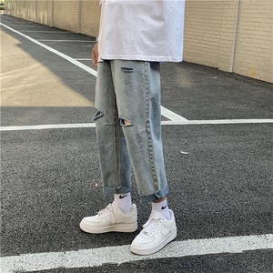 主推kz11夏季港风浅色破洞牛仔裤男宽松潮流百搭九分裤子 F64图片