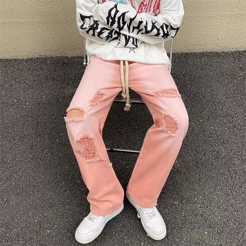 粉红色牛仔裤男女韩版潮流破洞痞子2026夏季ins长裤RK2612-P45,男装牛仔裤,星座412-2