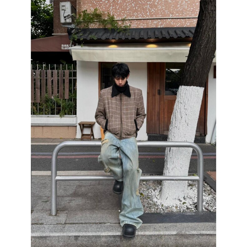 【有货】美式高级感千鸟格拼接撞色短款拉链夹克外套W9328LL-特70,男装夹克,星座1007（原301D）