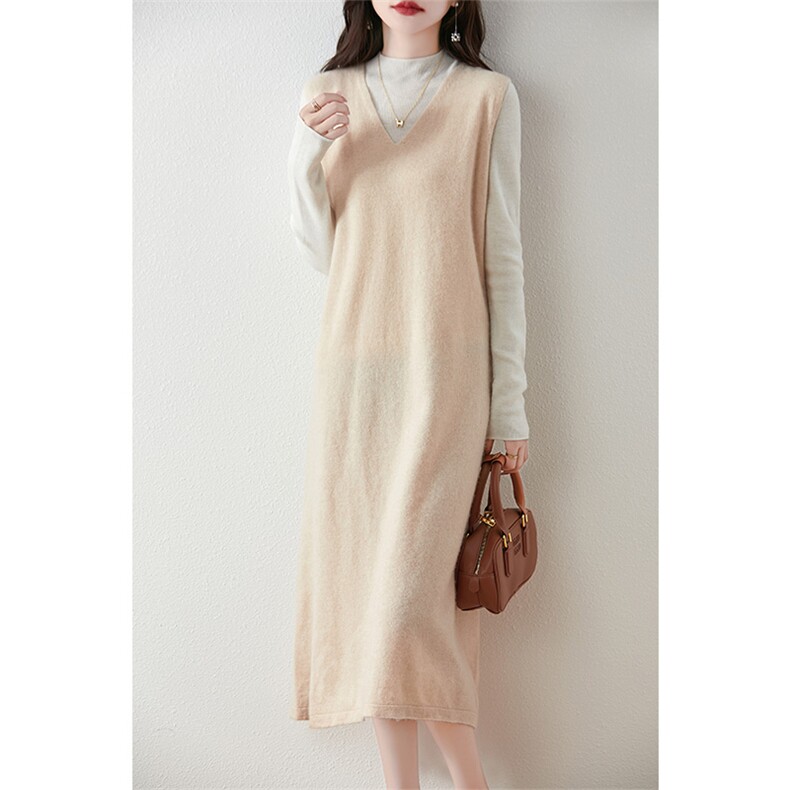 气质开叉~长款纯羊毛马甲女针织连衣裙背心2025秋冬V领毛衣羊绒衫，女装连衣裙，绒汀羊绒