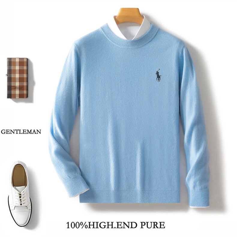 秋冬男士圆领羊毛衫时尚长袖商务休闲宽松针织刺绣打底毛衣，男装羊毛衫，邓利维