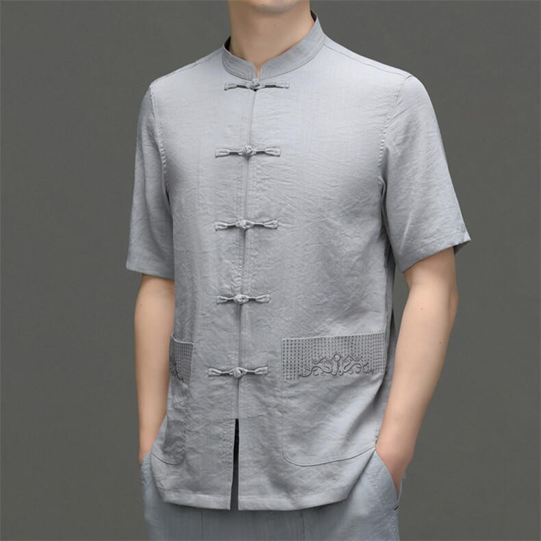 唐装男士风男装衬衫外套夏季半袖袖盘扣衬衣棉麻短袖上衣春装，男装民族服装，电商B212（原钱塘6029）