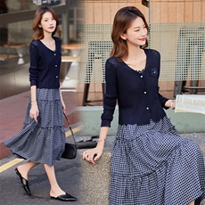 潮流2025年秋季女新款时尚气质优雅针织上衣吊带修身连衣裙套装，女装套装/套裙，奋斗女王