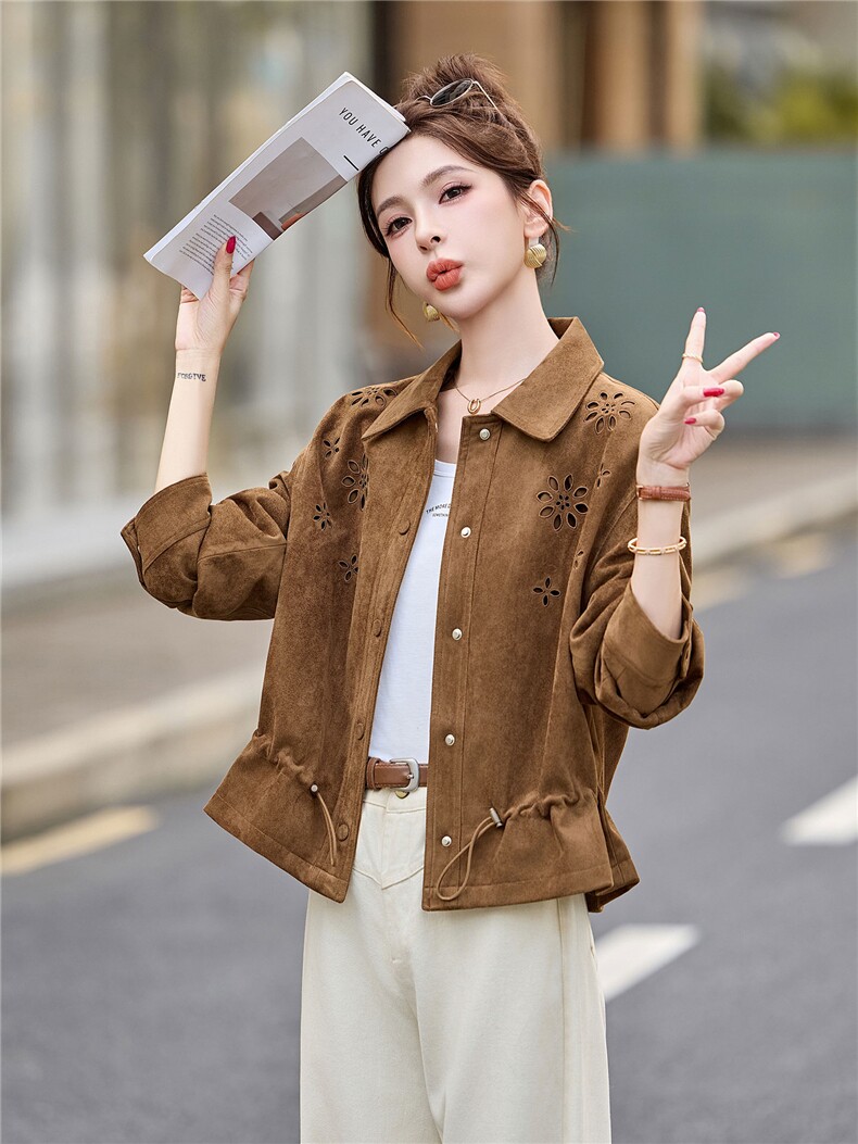 短款外套女2026秋季新款小个子美拉德复古休闲收腰麂皮绒夹克上衣,女装短外套,丽影随形