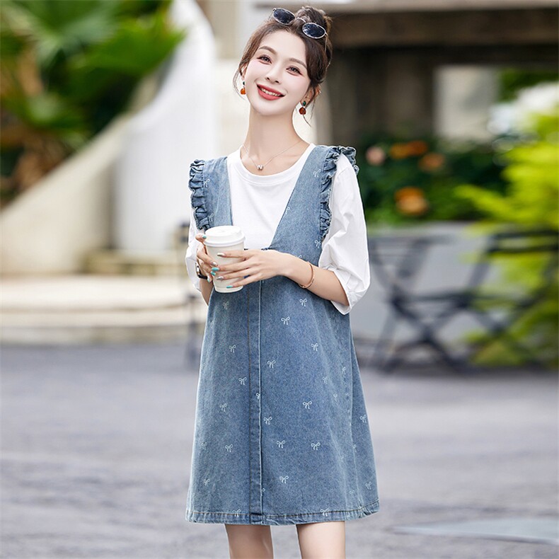 牛仔背带裙套装女2024夏季新款宽松显瘦小个子多巴胺连衣裙两件套,女装连衣裙,涵墨