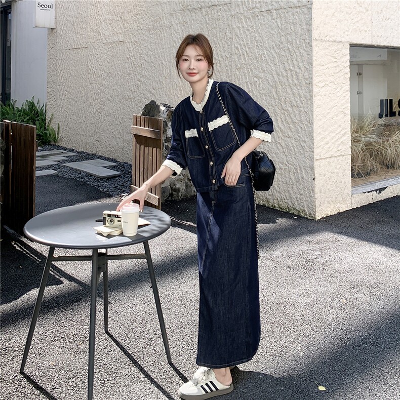 现货2D078-T1931-P165K248蕾丝牛仔上衣+牛仔半裙2件套装,女装套装/套裙,2D078