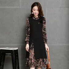 连衣裙2021年秋季潮流简约个性显瘦修身百搭圆领长袖中长款，女装连衣裙，安之芮娜