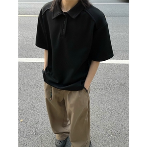 黑色polo衫短袖男款夏季美式翻领t恤高级感重磅硬挺健身运动半袖