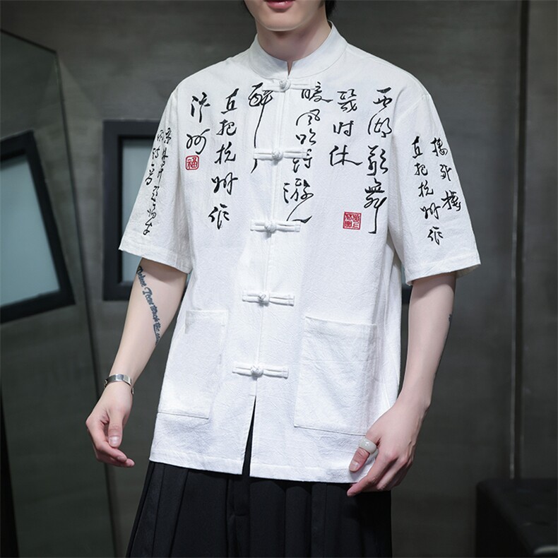 中式现货大码复古书法重磅刺绣新款盘扣衬衫T2881-P65-控88,男装衬衫,电商A021