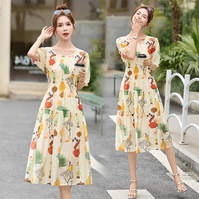 2025夏季新款时尚印花休闲韩系花朵亚麻天丝短袖连衣裙女中长裙子，女装连衣裙，布芭啦