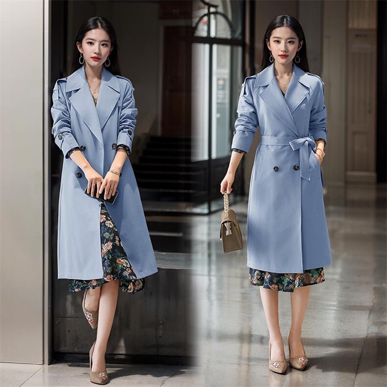 双排扣中长款风衣2024秋季通勤西装领常规长袖修身涤纶白色HZ0344，女装风衣，沫晗依美