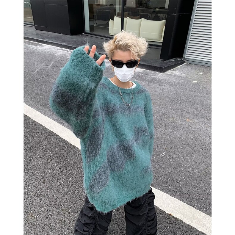 美式复古高街慵懒风拼色圆领印花毛衣男女高级感套头休闲中性上衣,男装针织衫/毛衣,星座715-4
