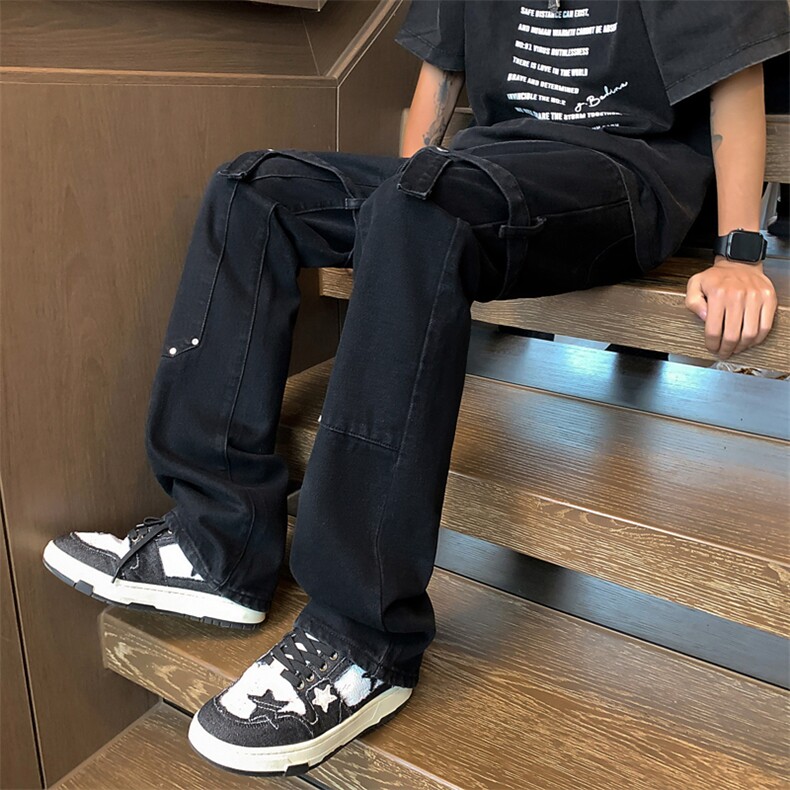 美式高街工装休闲绑带微喇叭直筒牛仔裤XZ-221-1-K1503-P60控78,男装牛仔裤,星座221-1