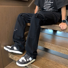 美式高街工装休闲绑带微喇叭直筒牛仔裤XZ-221-1-K1503-P60控78，男装牛仔裤，星座221-1