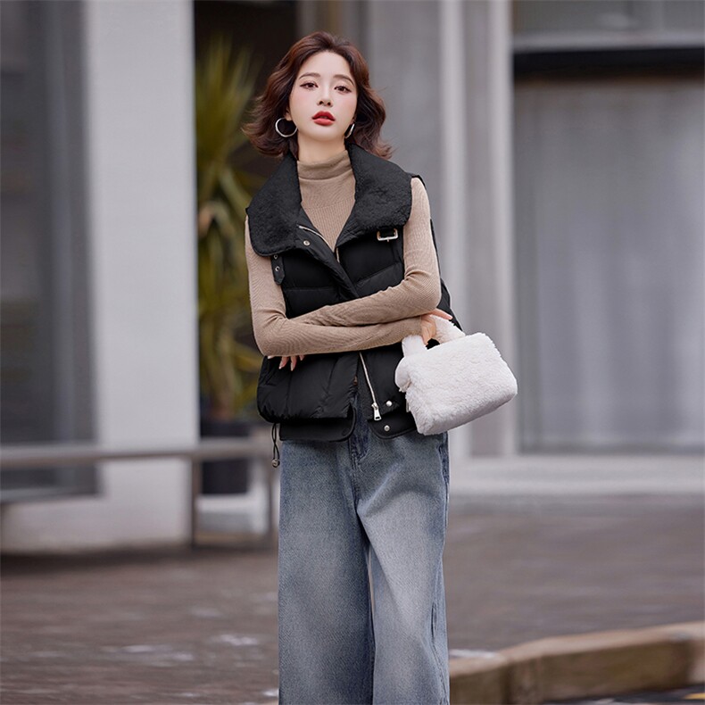 欧货2024冬季新款白鸭绒短款羽绒马甲女宽松显瘦拼皮马夹女外套,女装羽绒服,仟媚宠
