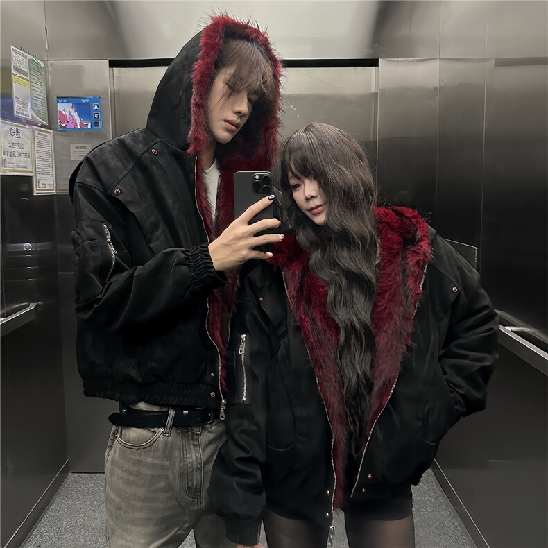 网图痞帅暗红色座山雕连帽棉服情侣棉衣夹克外套A025-NY1313-P130,男装夹克,电商A025