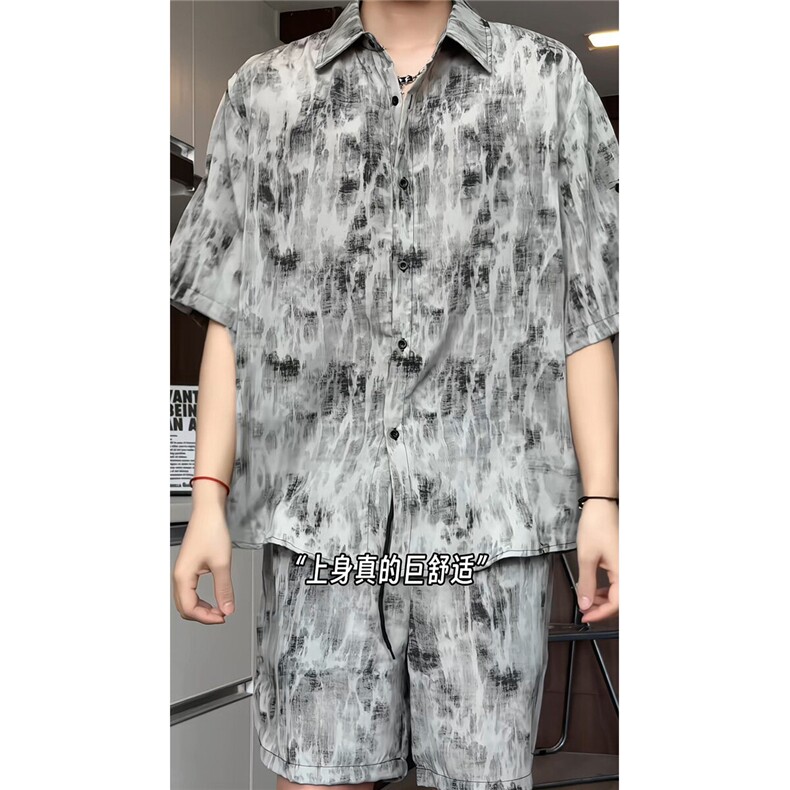 短袖衬衫男+短裤男套装男100%聚酯纤维M-5XL大码TZ78717P50控98,男装牛仔裤,星座226-1
