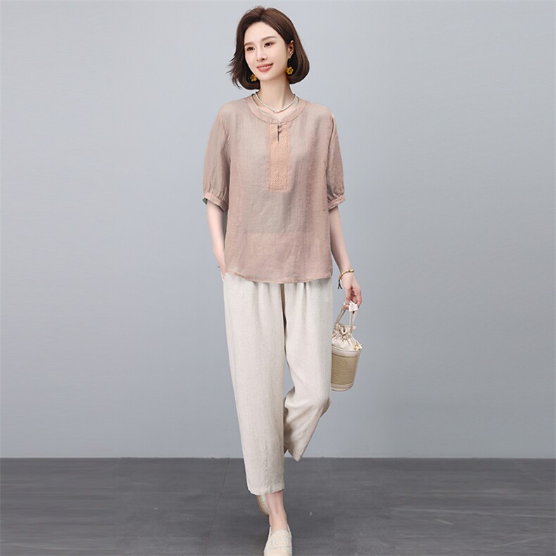 2025年夏季新款苎麻简约休闲两件套,女装套装/套裙,悦见她