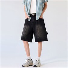 新款美式工装牛仔裤夏季宽松中裤水洗休闲中裤XZ201-K509P45，男装牛仔裤，星座201