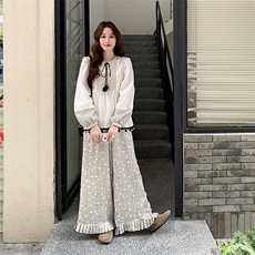 温柔系穿搭甜美流苏娃娃衫套装女秋2025新款显瘦波点阔腿裤两件套，女装套装/套裙，2C052
