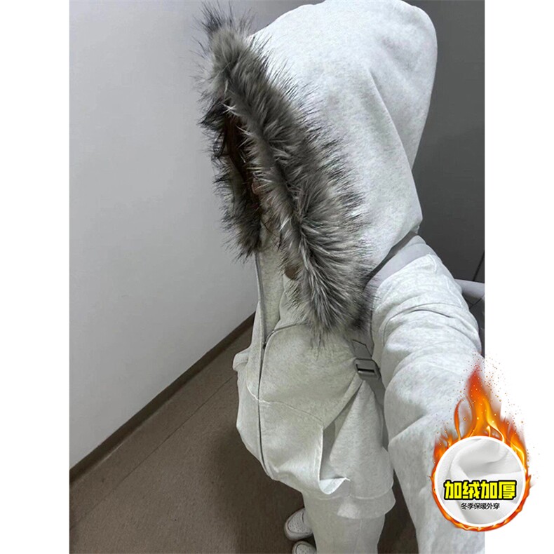 480G重磅加绒硬挺boxy秋冬美式高街超大毛领座山雕连帽卫衣厚外套，女装短外套，电商A486-1