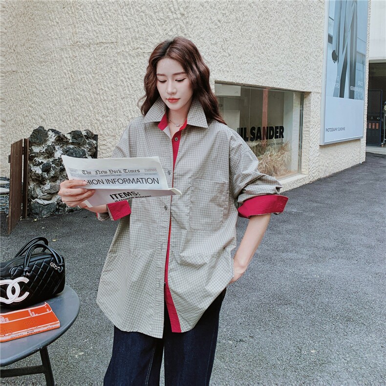 【新款】红袖灰格拼接衬衫2C137-8289-P135-K218,女装衬衫,2C137