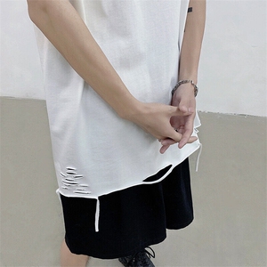 X5387-TP18 2026夏季破洞无袖背心男美式高街纯色运动马甲宽松T恤图片