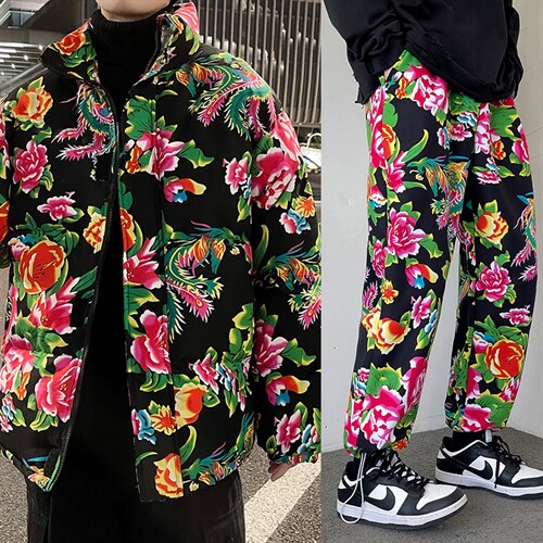 风东北情侣套装ins花棉衣外套牡丹花九分裤棉服套装网红H203图片