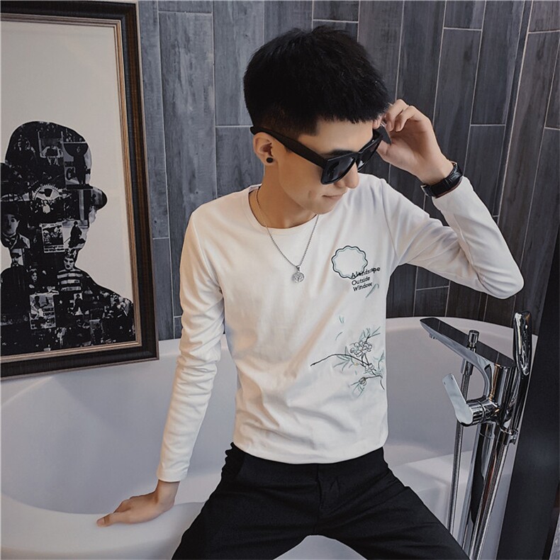3秋季长袖修身T恤水仙刺绣社会小伙韩版潮男打底衫C301B-CT16,男装T恤,电商C301B