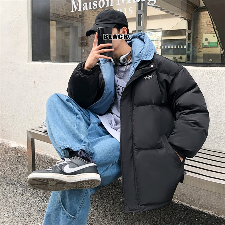 港风ins撞色拼接拼料厚款保暖连帽情侣棉服A071-Y281-P130,男装棉衣,电商A071
