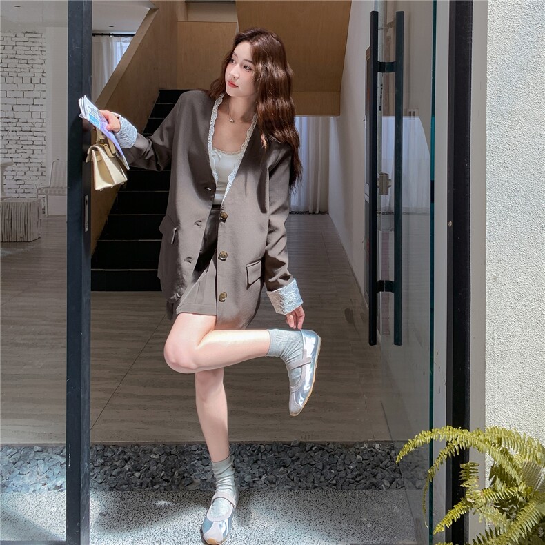 学院风穿搭棕色套装女春秋超火好看高级小众外套百褶半身裙两件套,女装套装/套裙,2C053