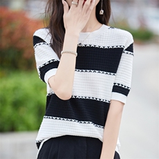撞色减龄纯棉短袖女条纹针织衫宽松显瘦休闲洋气t恤法式百搭上衣，女装T恤，秋双羊绒