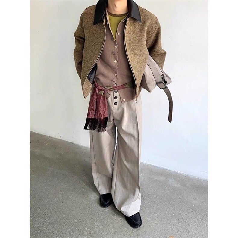 美式复古老钱风pu皮拼接短款夹克男秋冬季高级感cleanfit毛呢外套,男装夹克,四季星座505