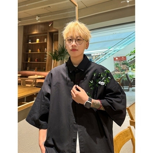 新中式竹子印花衬衫风高级感上衣春夏短袖衬衣宽松慵懒垂感男图片